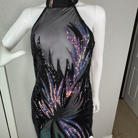 Fashion Nova Maxi Gown Rare Find Sequin Mesh Glam Mermaid Deco Siren Size L - Picture 8 of 9
